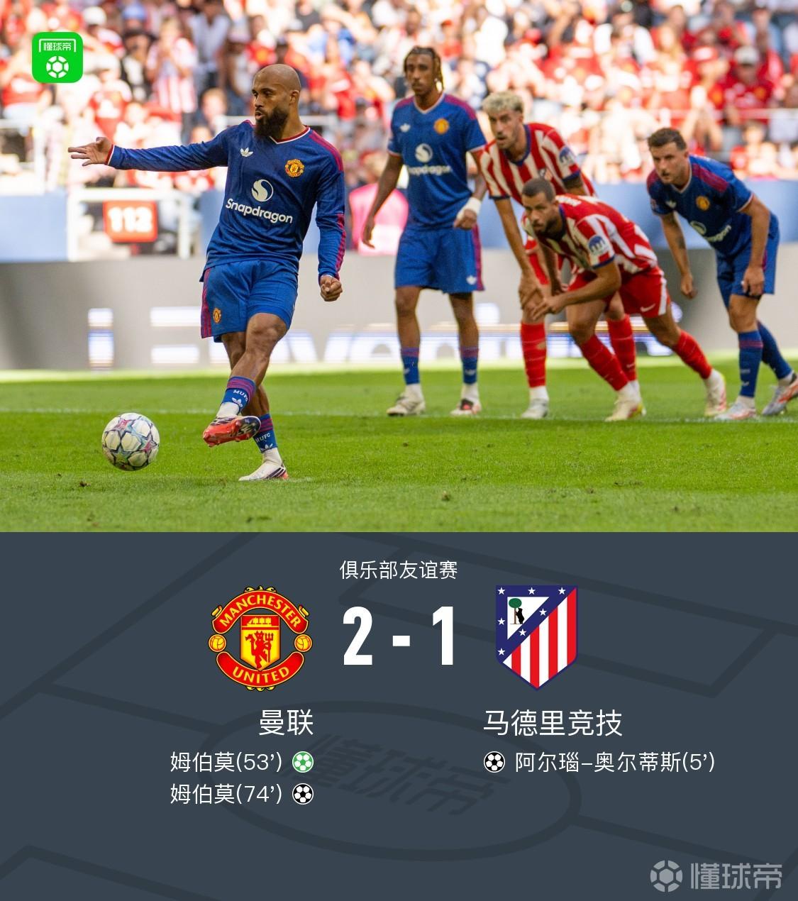 曼联2-1逆转马竞，姆伯莫双响，奥尔蒂斯建功，莱西造点